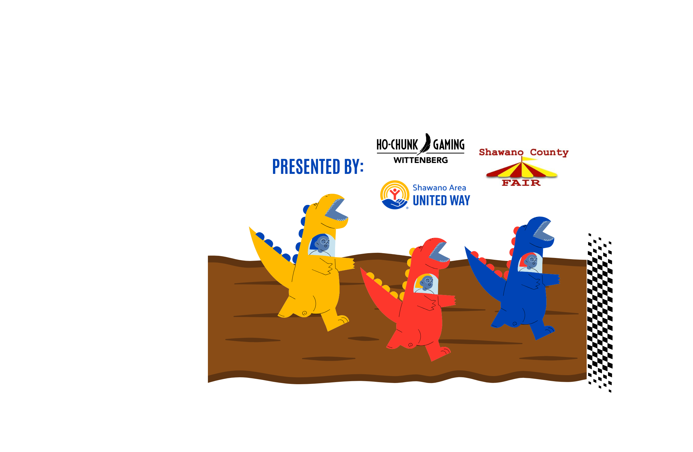 Inflate to Donate Rotor Image of Inflatable Dinosaurs running on a dirt track