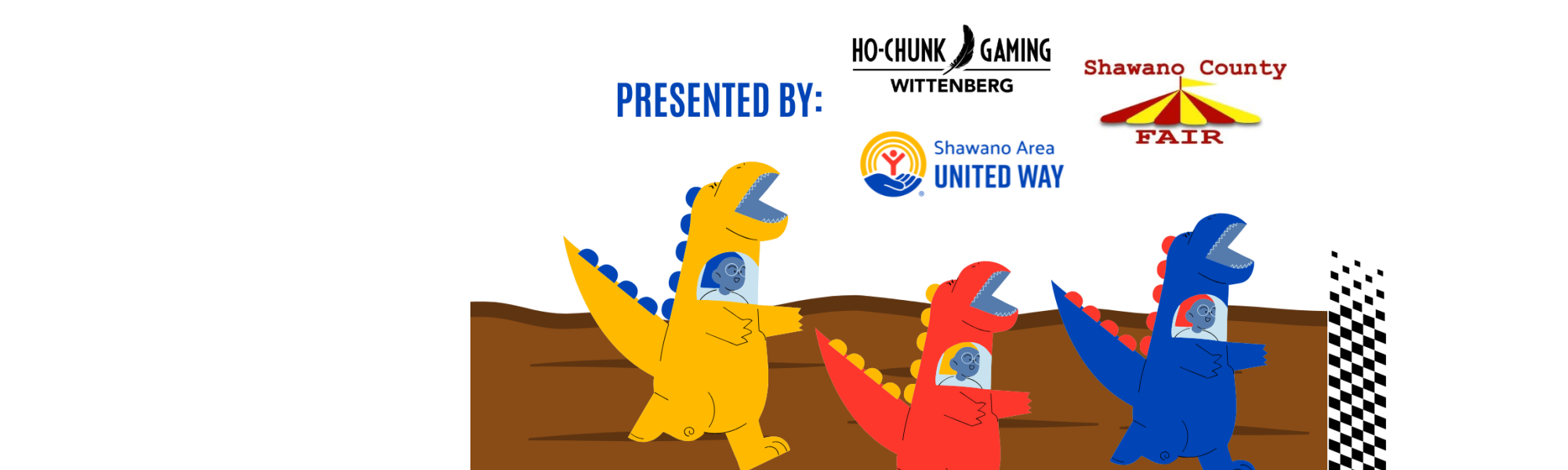 Inflate to Donate Rotor Image of Inflatable Dinosaurs running on a dirt track